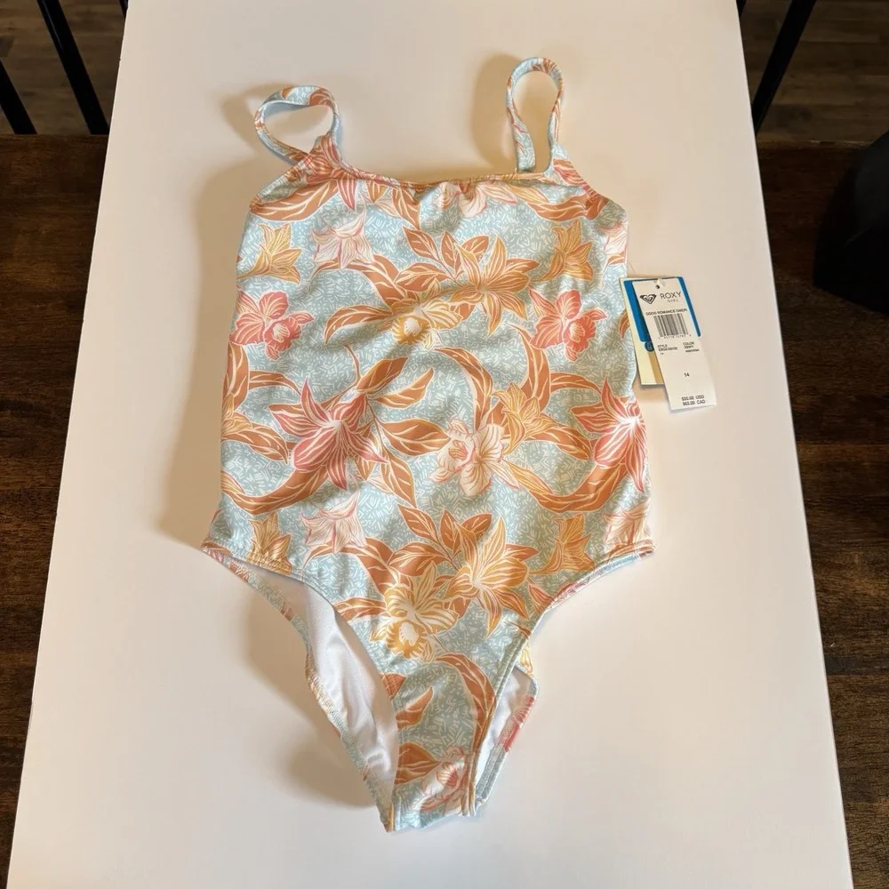 Roxy Kids Girls Cool Blue Good Romance One-Piece Tropical Swimsuit Size 14 C4